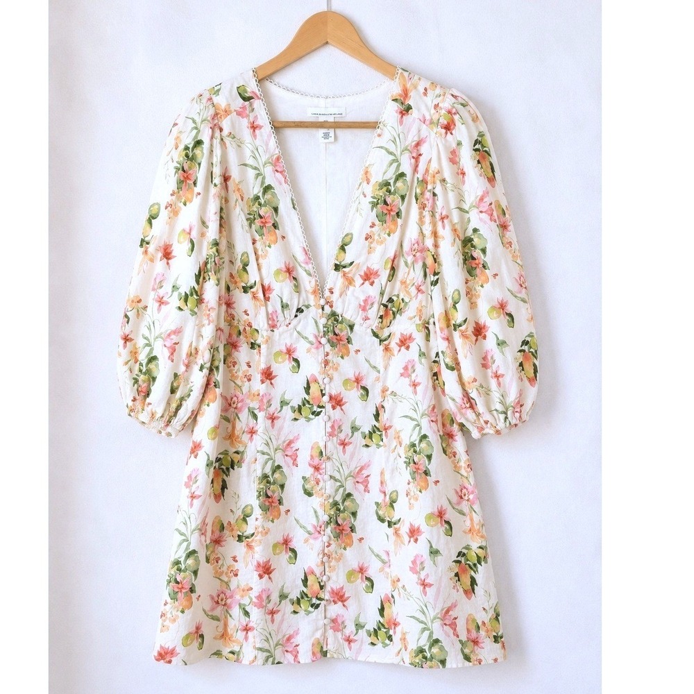 H&M Linen Blend Floral Citrus Puff Sleeve Button Front Mini Dress Cream XL - Picture 6 of 13